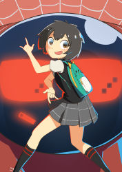 Rule 34 | 1girl, absurdres, backpack, bag, black hair, black socks, black sweater, brown eyes, commentary, double m/, dress shirt, from side, grey skirt, highres, looking at viewer, m/, marvel, miniskirt, open mouth, peni parker, pleated skirt, rammaou, school uniform, shirt, short hair, skirt, smile, socks, solo, sp//dr, spider-man: into the spider-verse, spider-man (series), spider-verse, standing, sweater, sweater vest, white shirt