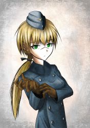 Rule 34 | 1girl, absurdres, adjusting clothes, adjusting gloves, blonde hair, buttons, coat, double-breasted, garrison cap, gloves, green eyes, hanna rudel, hat, highres, jacket, jatts, long hair, military, military uniform, ponytail, scar, solo, strike witches, strike witches: suomus misfits squadron, trench coat, uniform, world witches series