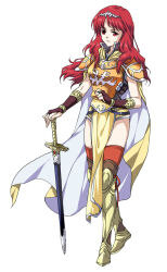 Rule 34 | 1girl, agahari, armor, breastplate, cape, celica (fire emblem), fire emblem, fire emblem gaiden, greaves, holding, holding sword, holding weapon, long hair, nintendo, orange armor, pauldrons, red eyes, red hair, shoulder armor, simple background, solo, sword, tiara, weapon, white background