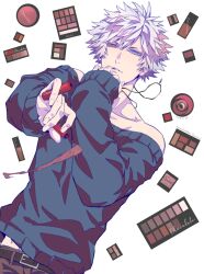 Rule 34 | 1boy, belt, black belt, blue sweater, brown pants, chocolate, compact (cosmetics), cosmetics, eyeshadow, grey eyes, grey hair, hair between eyes, hand to own mouth, heterochromia, holding, jewelry, kurosaki ranmaru, light smile, looking at viewer, lying, makeup, male focus, mascara, meromizawa, midriff peek, necklace, off-shoulder sweater, off shoulder, on back, pants, parted lips, red eyes, short hair, sleeves past wrists, solo, spiked hair, sweater, upper body, uta no prince-sama, white background