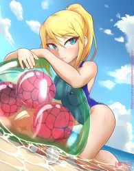 Rule 34 | 1girl, absurdres, aged down, beach, blonde hair, blue eyes, blue one-piece swimsuit, highres, innertube, looking at viewer, metroid, metroid (creature), nintendo, one-piece swimsuit, partially submerged, ponytail, samus aran, smile, swim ring, swimsuit, waves
