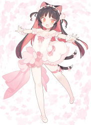 Rule 34 | 1girl, animal ears, bare shoulders, black hair, blade (galaxist), blush, cat ears, cat girl, cat tail, commentary request, dress, floral background, flower, long hair, multicolored hair, multiple tails, nekoyama nae, off-shoulder dress, off shoulder, open mouth, outstretched arms, pink flower, red eyes, red hair, shoes, solo, standing, standing on one leg, tail, toranoana, two-tone hair, two tails, very long hair, virtual youtuber, white dress, white footwear, wrist cuffs
