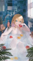 Rule 34 | 1girl, apple, bathing, bathroom, bathtub, blonde hair, blush, bow, bow earrings, colored inner hair, earrings, eating, faucet, floating, floating object, food, fruit, green eyes, hair between eyes, highres, holding, holding food, holding fruit, indoors, iris black games, jewelry, kurumi noah, leaf, looking at viewer, medium hair, mirror, multicolored hair, nail polish, nakashima (pluscolor), nude, orange (fruit), partially submerged, pink hair, pink nails, plant, potted plant, shampoo bottle, shower head, solo, spiked ear piercing, stuffed animal, stuffed toy, teddy bear, tile wall, tiles, towel, virtual youtuber, vspo!, water, wet, window