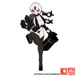Rule 34 | 1girl, dice clan, gloves, hat, highres, multiple arms, pale skin, patreon logo, red eyes, shawnger, thighhighs, top hat, unusual pupils, watermark, white hair