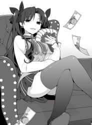 Rule 34 | 1girl, banknote, bow, bowtie, couch, cross, cross earrings, crossed legs, curtained hair, earrings, falling money, fate/stay night, fate (series), greyscale, hair ribbon, hanabana tsubomi, highres, holding, holding money, homurahara academy school uniform, jewelry, long hair, long sleeves, looking at viewer, miniskirt, money, monochrome, nasu kinoko, open mouth, pleated skirt, ribbon, school uniform, simple background, sitting, skindentation, skirt, smile, smug, solo, thighhighs, tohsaka rin, two side up, type-moon, vest
