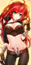 Rule 34 | 1girl, bad id, bad pixiv id, bracelet, breasts, cameltoe, cleavage, gloves, green eyes, jacket, jewelry, katarina (league of legends), keikazz, large breasts, league of legends, lips, long hair, looking at viewer, midriff, navel, red hair, scar, solo, spiked bracelet, spikes