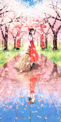 Rule 34 | 1girl, backlighting, black eyes, black footwear, black hair, blue sky, blurry, bow, breasts, broom, cherry blossoms, day, depth of field, detached sleeves, forest, grass, hair bow, hair tubes, hakama, hakama skirt, hakurei reimu, hanpitsu (palewhite), highres, japanese clothes, long hair, long skirt, looking to the side, looking up, nature, outdoors, oversized object, parted lips, pavement, petals, red hakama, reflective floor, ribbon-trimmed skirt, ribbon-trimmed sleeves, ribbon trim, shoes, skirt, sky, socks, solo, spring (season), torii, touhou, tree