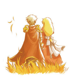 Rule 34 | 1boy, 1girl, armor, artist request, back bow, blonde hair, bow, cape, cross, dress, from behind, full body, gauntlets, grass, high priest (ragnarok online), long hair, lord knight (ragnarok online), low-tied long hair, lowres, margaretha sorin, pauldrons, ragnarok online, red cape, red dress, sash, seyren windsor, short hair, shoulder armor, simple background, spiked gauntlets, standing, third-party source, white background, white bow, white hair, white sash