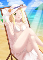 Rule 34 | 1girl, ;), absurdres, alternate hairstyle, artist name, artist request, bare legs, bare shoulders, barefoot, beach, bikini, blonde hair, blue sky, blush, braid, breasts, brown eyes, chair, cleavage, cloud, crossed legs, crown braid, cup, day, drinking glass, feet, feet out of frame, female focus, flower, green eyes, highres, holding, holding drinking glass, looking at viewer, love live!, love live! school idol festival, love live! sunshine!!, medium breasts, mountain, ocean, ohara mari, on chair, one eye closed, orange flower, outdoors, parted lips, short hair, sitting, sky, smile, solo, sunlight, swimsuit, white bikini, white flower, white headwear, yellow eyes