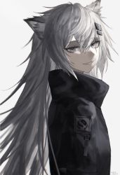 Rule 34 | 1girl, animal ear fluff, animal ears, arknights, black coat, coat, from side, grey eyes, hair ornament, hairclip, high collar, highres, lappland (arknights), long hair, looking at viewer, looking to the side, silver hair, simple background, solo, suiua, upper body, white background, wolf ears