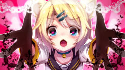 Rule 34 | 1girl, animal ear fluff, animal ears, bell, blonde hair, blue eyes, blurry, blurry background, blush, border, cat ears, cat girl, collar, depth of field, fang, fish hair ornament, furry, furry female, gloves, hair ornament, hairclip, heart, heart background, heart in eye, kagamine rin, lace, lace border, looking at viewer, medium hair, neck bell, nekoame, open mouth, ornate border, outstretched arms, sailor collar, school uniform, serafuku, short hair, solo, symbol in eye, upper body, vocaloid