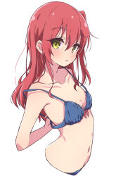 Rule 34 | 1girl, adjusting bra, adjusting clothes, arms behind back, blue bra, blue panties, bocchi the rock!, bra, breasts, collarbone, commentary request, green eyes, hair between eyes, highres, kita ikuyo, long hair, looking at viewer, mel (melty pot), panties, parted lips, red hair, side ponytail, simple background, small breasts, solo, underwear, underwear only, white background