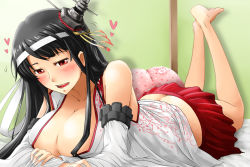 Rule 34 | 10s, 1girl, black hair, blush, breasts, butt crack, cleavage, detached sleeves, floral print, fusou (kancolle), fusou kai ni (kancolle), hair ornament, headband, heart, kantai collection, large breasts, long hair, lying, mice (sake nomitai), micesakenomitai, midriff, nontraditional miko, on stomach, pillow, red eyes, skirt, smile, solo
