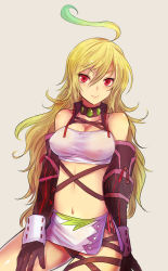 Rule 34 | 1girl, ahoge, bare shoulders, blonde hair, blush, breasts, choker, cleavage, gauntlets, gradient hair, kara (color), long hair, midriff, milla maxwell, multicolored hair, shirt, simple background, smile, solo, strapless, streaked hair, tales of (series), tales of xillia, taut clothes, taut shirt, tube top, underwear, upskirt