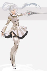 Rule 34 | 1girl, boots, buttons, comic, double-breasted, full body, grey eyes, highres, holding, holding sword, holding weapon, jacket, long hair, looking at viewer, peplum jacket, rwby, silent comic, silver hair, so-bin, solo, sword, thigh boots, thighhighs, twintails, weapon, weiss schnee, white footwear, white jacket, white thighhighs