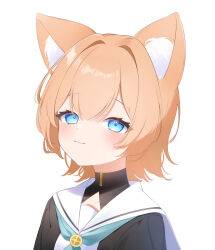 Rule 34 | 1girl, absurdres, alternate hair length, alternate hairstyle, animal ears, aoitsuki, aqua neckerchief, black coat, blue archive, blue eyes, blush, closed mouth, coat, commentary request, double-parted bangs, fox ears, hair between eyes, hair intakes, highres, looking at viewer, mari (blue archive), neckerchief, no halo, nun, orange hair, sailor collar, short hair, simple background, smile, turtleneck, upper body, white background, white sailor collar