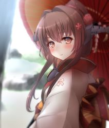 Rule 34 | 1girl, absurdres, blurry, brown hair, cherry blossoms, depth of field, headgear, highres, japanese clothes, kantai collection, kimono, long hair, looking at viewer, nuka (nvkka), official alternate costume, oil-paper umbrella, ponytail, red eyes, red umbrella, redrawn, solo, twitter username, umbrella, upper body, white kimono, yamato (kancolle)