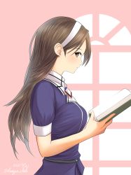 Rule 34 | 1girl, absurdres, ashigara (kancolle), bad id, bad pixiv id, belt, blush, book, breasts, brown eyes, brown hair, dangan kurabu, dated, hairband, highres, holding, holding book, kantai collection, long hair, looking at viewer, looking to the side, medium breasts, pink background, purple shirt, shirt, short sleeves, solo, twitter username, upper body, white hairband, window