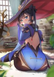 Rule 34 | 1girl, artist request, ass, ass focus, black hair, blue eyes, blue leotard, blush, book, cape, elbow gloves, embarrassed, from behind, genshin impact, gloves, hair ornament, hair ribbon, hat, huge ass, leotard, long hair, looking at viewer, looking back, mona (genshin impact), pantyhose, purple hat, ribbon, shiny clothes, sitting, solo, twintails, very long hair, wariza