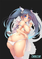 Rule 34 | 10s, 1girl, apron, ass, between buttocks, black background, black hair, blue eyes, blue hair, breasts, butt crack, character name, cream, dungeon ni deai wo motomeru no wa machigatteiru darou ka, from behind, hair ornament, hestia (danmachi), highres, huge ass, ladle, large breasts, long hair, long twintails, looking at viewer, looking back, matching hair/eyes, naked apron, niccya, nipples, no bra, panties, panty pull, shadow, shy, simple background, skindentation, solo, standing, thighhighs, twintails, underwear, white panties, white thighhighs