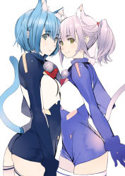Rule 34 | 2girls, animal ears, asobi ni iku yo!, ass, bell, blue eyes, blue hair, blush, bob cut, bodysuit, bracer, breast press, breasts, cat ears, cat girl, cat tail, catsuit, chaika, clothing cutout, collar, covered erect nipples, cowboy shot, expressionless, extra ears, female focus, flat chest, from side, gloves, grey eyes, highres, houden eizou, imminent kiss, jingle bell, light smile, looking at viewer, looking back, melwin, multiple girls, neck bell, official art, pink hair, ponytail, short hair, short twintails, shy, silver hair, simple background, small breasts, smile, symmetrical docking, tail, tail hole, tail through clothes, thighhighs, turtleneck, twintails, unitard, white background, white legwear, yellow eyes, yuri, zettai ryouiki