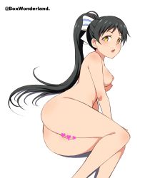 Rule 34 | 1girl, absurdres, ass, black hair, box wonderland, breasts, censored, cleft of venus, completely nude, hazuki ren, heart, heart censor, highres, long hair, looking at viewer, love live!, love live! superstar!!, lying, medium breasts, nipples, nude, on side, open mouth, ponytail, pussy, simple background, solo, twitter username, white background, yellow eyes