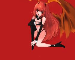 Rule 34 | 1girl, asymmetrical clothes, bare shoulders, blush, breasts, cleavage, demon girl, fangs, female focus, full body, heart, high heels, long hair, looking at viewer, lord of vermilion, midriff, navel, open mouth, red eyes, red hair, shoes, simple background, single wing, solo, succubus (lord of vermilion), wings