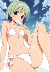 Rule 34 | 1girl, absurdres, bikini, black eyes, breasts, cloud, day, eating, food, food on body, green hair, hairband, highres, koutaro, leaning back, leg up, looking at viewer, mouth hold, navel, outdoors, popsicle, scan, short hair, side-tie bikini bottom, sitting, small breasts, solo, swimsuit, tan, white bikini