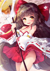 Rule 34 | 1girl, animal ears, ass, azur lane, bare shoulders, blush, bow, breasts, brown hair, cleavage, detached sleeves, female focus, hair bow, hakama, hakama short skirt, hakama skirt, harutsuki (azur lane), highres, holding, japanese clothes, long hair, looking at viewer, medium breasts, miko, miniskirt, no panties, nontraditional miko, nyahu (nyahu 77), open mouth, red skirt, ribbon, shirt, skirt, smile, solo, staff, very long hair, white shirt, wind, wind lift, yellow eyes