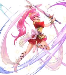 Rule 34 | 1girl, arm up, barefoot, bow, dancer, dress, feet, female focus, fire emblem, fire emblem: mystery of the emblem, fire emblem heroes, full body, hair bow, highres, holding, holding sword, holding weapon, jewelry, leg up, long hair, looking at viewer, matching hair/eyes, mayo (becky2006), nintendo, non-web source, official art, open mouth, phina (fire emblem), pink eyes, pink hair, short dress, short sleeves, smile, solo, sparkle, sword, toes, transparent background, weapon