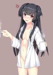 Rule 34 | 1girl, anger vein, black hair, blush, breasts, brown background, brown eyes, collared shirt, commentary request, cup, dress shirt, groin, hair censor, holding, holding cup, idolmaster, idolmaster shiny colors, iseshi, long hair, long sleeves, looking at viewer, mayuzumi fuyuko, medium breasts, mug, naked shirt, navel, nose blush, open clothes, open mouth, open shirt, shirt, simple background, solo, standing, steam, two side up, v-shaped eyebrows, very long hair, wavy mouth, white shirt