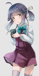 Rule 34 | 1girl, :o, ahoge, aqua bow, aqua bowtie, blunt bangs, blush, bow, bowtie, comah, commentary request, cowboy shot, cup, dress, front-seamed legwear, gradient hair, grey background, grey hair, grey ribbon, grey thighhighs, hair ribbon, hayanami (kancolle), highres, holding, holding cup, kantai collection, long hair, long sleeves, multicolored hair, open mouth, ponytail, purple dress, purple hair, ribbon, seamed legwear, shirt, sidelocks, simple background, solo, tareme, thighhighs, two-handed, white shirt, yellow eyes, zettai ryouiki