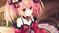 Rule 34 | &gt;:/, 1girl, :/, alyn (fairy fencer f), bare shoulders, blush, breasts, cleavage, collar, cross, detached sleeves, fairy fencer f, flat chest, frills, game cg, hair ornament, long hair, looking at viewer, official art, orange hair, pink eyes, pink hair, red eyes, silhouette, sleeves past wrists, small breasts, solo, tsunako, twintails, v-shaped eyebrows, wide sleeves