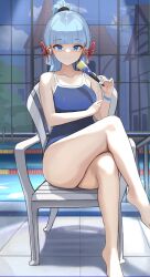 Rule 34 | 1girl, absurdres, ayaka (genshin impact), bare legs, barefoot, blue nails, blue one-piece swimsuit, blunt bangs, blunt tresses, closed mouth, collarbone, commentary, crossed legs, dolri, folding fan, genshin impact, hair ribbon, hand fan, highres, holding, holding fan, legs, looking at viewer, nail polish, on chair, one-piece swimsuit, poolside, ribbon, school swimsuit, sitting, smile, solo, split mouth, swimsuit, tress ribbon