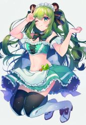 Rule 34 | 1girl, animal ears, animare, arm up, bbbannooo, bear ears, black thighhighs, blouse, blush, boots, bow, breasts, cleavage, closed mouth, detached collar, fake animal ears, full body, green eyes, green hair, hair bow, high heel boots, high heels, highres, hinokuma ran, large breasts, looking at viewer, maid, maid headdress, nanashi inc., navel, one eye closed, shirt, sleeveless, sleeveless shirt, smile, solo, stomach, thigh boots, thighhighs, twintails, v, virtual youtuber, white footwear
