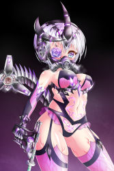 Rule 34 | 1girl, bad id, bad pixiv id, biohazard symbol, blue eyes, breasts, breath, commentary request, corruption, curvy, dark persona, elbow gloves, flower eyepatch, gas mask, gloves, headgear, heart, heart-shaped pupils, highres, hypnosis, light purple hair, looking at viewer, magical girl, mask, mecha musume, mechanical tail, medium breasts, microskirt, mind control, navel, original, plump, pubic tattoo, saliva, sharp teeth, short hair, skirt, solo, symbol-shaped pupils, syringe, tail, tattoo, teeth, thighhighs, white hair, yumcha