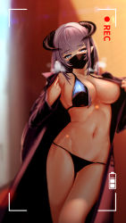 Rule 34 | 1girl, battery indicator, bikini, black bikini, black coat, black mask, blurry, blurry background, breasts, chinese commentary, cleavage, coat, commentary request, cowboy shot, exhibitionism, groin, highres, horns, indie virtual youtuber, large breasts, long hair, long sleeves, looking at viewer, mask, mouth mask, navel, open clothes, open coat, pointy ears, public indecency, purple hair, recording, shito anon, solo, steaming body, stomach, sweat, swimsuit, undressing, untied bikini, valkyrierei, viewfinder, virtual youtuber