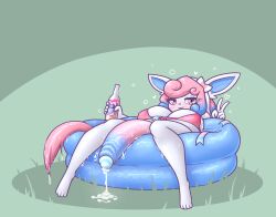 Rule 34 | 1futa, 2022, alcohol, bikini, blue hair, blue penis, blush, bottle, bottomless, bow, breasts, bubble, cleavage, container, creatures (company), dripping, drunk, eyelashes, feet, flaccid, fur, furry, futanari, game freak, gen 6 pokemon, gesture, glass, glass bottle, glass container, grass, green background, hair bow, hair ribbon, heart, highres, holding, holding bottle, huge breasts, inflatable, inflatable pool, large penis, limebreaker, looking at viewer, lying, multicolored fur, multicolored hair, nintendo, on back, partially submerged, penis, personification, pink bikini, pink eyes, pink fur, pink hair, pink tail, plant, pokemon, pokemon (creature), pool, precum, precum string, ribbon, simple background, smile, solo, swimsuit, sylveon, toes, translucent, translucent hair, two-tone fur, two-tone hair, v, wading pool, water, wet, white fur
