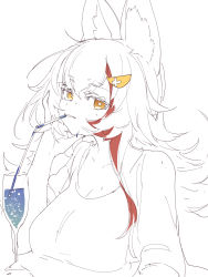 Rule 34 | 1girl, animal ear fluff, animal ears, breasts, bright pupils, brown eyes, cleavage, collarbone, drinking straw, highres, hololive, ikayaki (ikayaki4), large breasts, long hair, looking at viewer, multicolored hair, ookami mio, red hair, sketch, solo, spot color, streaked hair, sweat, tank top, virtual youtuber, white background, white pupils, wolf ears, wolf girl