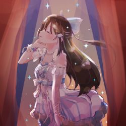 Rule 34 | 1girl, anata no risou no heroine, aqua bow, aqua eyes, arm garter, arm ribbon, artist name, artist request, blue eyes, blush, bow, bracelet, breasts, brown hair, closed eyes, collarbone, corsage, cross-laced clothes, cross-laced dress, dress, drop earrings, earrings, female focus, flower, flower bracelet, frilled dress, frilled straps, frills, hair between eyes, hair bobbles, hair bow, hair ornament, hairclip, half updo, halter dress, halterneck, highres, jewelry, long hair, looking at viewer, love live!, love live! nijigasaki high school idol club, love live! school idol festival, necklace, osaka shizuku, parted lips, pearl bracelet, pearl necklace, pink flower, playing with own hair, pleated dress, ponytail, puffy short sleeves, puffy sleeves, purple flower, purple rose, ribbon, rose, see-through, see-through dress, shell hair ornament, short sleeves, skirt, small breasts, smile, solo, sparkle, star (symbol), star hair ornament, striped clothes, striped skirt, vertical-striped clothes, vertical-striped skirt, white bow, white dress, white skirt, wrist flower