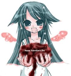 Rule 34 | 1girl, bad food, blood, blood on clothes, blood on face, blood on hands, blush, blush stickers, censored, giving, green eyes, green hair, hair flaps, happy valentine, incoming gift, intestines, lowres, matching hair/eyes, mosaic censoring, religious offering, saya (saya no uta), saya no uta, sayanouta, smile, solo, valentine, wings