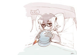Rule 34 | 1girl, anchors (mono eye os), bed, blanket, blush, brown eyes, bucket hat, commentary request, glasses, gloves, grey gloves, grey hair, hat, hat feather, highres, holding, holding clothes, holding hat, japari symbol, kemono friends, kemono friends 3, long sleeves, meerkat (kemono friends), meerkat ears, multicolored hair, pillow, short hair, solo, sweater, under covers, unworn hat, unworn headwear, white hair, white sweater