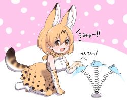 Rule 34 | 1girl, afterimage, animal ears, bare shoulders, blonde hair, boots, bow, bowtie, cat teaser, commentary request, elbow gloves, gloves, high-waist skirt, kemono friends, kemono friends pavilion, kneeling, playground equipment (kemono friends pavilion), print bow, print bowtie, print gloves, print neckwear, print skirt, print thighhighs, ransusan, serval (kemono friends), serval print, serval tail, short hair, skirt, sleeveless, solo, tail, thighhighs, traditional bowtie, translation request, yellow eyes