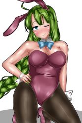 Rule 34 | 10s, 1girl, adapted costume, ahoge, animal ears, blue eyes, blush, bow, bowtie, braid, breasts, brown pantyhose, cleavage, detached collar, fake animal ears, green hair, hand on own hip, high heels, highres, kantai collection, kneeling, large breasts, leotard, licking lips, long hair, mole, mole under mouth, nail polish, one eye closed, pantyhose, playboy bunny, rabbit ears, ryokutoosu, seamed legwear, simple background, single braid, solo, tongue, tongue out, wink, wrist cuffs, yuugumo (kancolle)
