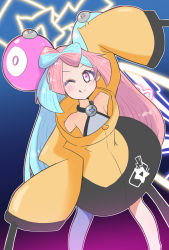 Rule 34 | 1girl, :q, aqua hair, arm up, blush, character hair ornament, creatures (company), electricity, game freak, hair ornament, hand on own hip, highres, iono (pokemon), jacket, looking at viewer, multicolored hair, nintendo, one eye closed, oversized clothes, pink eyes, pink hair, pokemon, pokemon sv, pud+854, solo, star (symbol), tongue, tongue out, two-tone hair, yellow jacket