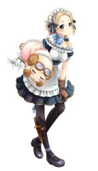 Rule 34 | 1girl, alternate costume, apron, bare shoulders, blonde hair, blue eyes, breasts, formation girls, full body, gloves, goggles, knife, looking at viewer, maid, maid apron, maid cap, maid headdress, medium breasts, miniskirt, nadia tolstaya, official art, pantyhose, petankoside, pleated skirt, ribbon, short hair, short sleeves, simple background, skirt, stuffed animal, stuffed sheep, stuffed toy, white background