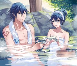Rule 34 | 1boy, 1girl, alternate hairstyle, ameno (a meno0), bare shoulders, bottle, bucket, chrom (fire emblem), collarbone, crests (fire emblem), cup, day, drink, father and daughter, fire emblem, fire emblem awakening, flat chest, lucina (fire emblem), mixed-sex bathing, muscular, muscular male, naked towel, nintendo, onsen, open mouth, outdoors, partially submerged, rock, shared bathing, short hair, smile, towel, towel around neck, towel on head