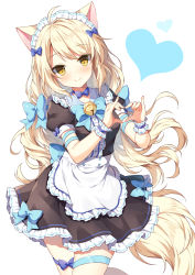 Rule 34 | 1girl, ahoge, animal ears, apron, bell, black dress, blonde hair, blue bow, blue choker, blue neckwear, blush, bow, breasts, cat ears, cat girl, cat tail, center frills, choker, commentary request, commission, contrapposto, cowboy shot, dress, dress bow, fluffy, frilled apron, frilled dress, frills, hair bow, hair ornament, hands up, heart, heart hands, highres, jingle bell, long hair, looking at viewer, maid, mauve, medium breasts, orange eyes, original, pixiv commission, puffy short sleeves, puffy sleeves, short sleeves, skindentation, smile, solo, tail, thigh strap, very long hair, waist apron, white apron, wrist cuffs