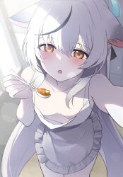 Rule 34 | :o, animal ears, apron, blue archive, blush, collarbone, curry, food, highres, holding, holding spoon, indoors, kokona (blue archive), long hair, multicolored hair, naked apron, ppoppo t3t, spoon, streaked hair, very long hair, white hair, yellow eyes