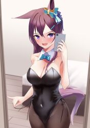 Rule 34 | 1girl, alternate costume, animal ears, blush, breasts, bunny day, cellphone, cleavage, collarbone, commentary request, hair between eyes, hair ornament, hairclip, highres, horse ears, horse tail, looking at viewer, medium breasts, mejiro dober (umamusume), mesotto, mirror, navel, pantyhose, phone, selfie, solo, string, tail, umamusume